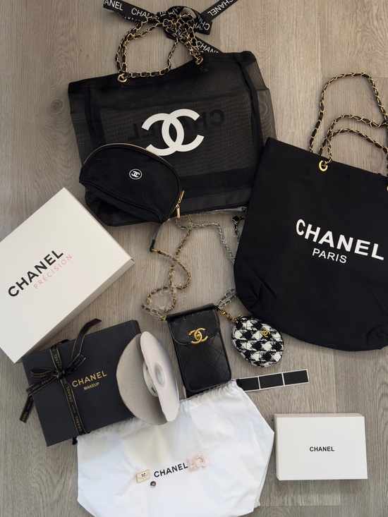 CHANEL Handbags - CHANEL Black Logo Tote and Accessory Set with Gold Chain Details